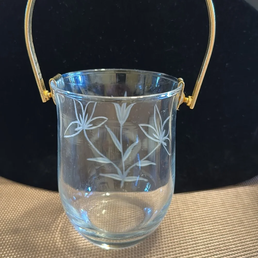 Vintage Italian etched crystal sugar cube bucket with gold tone handle & tongs